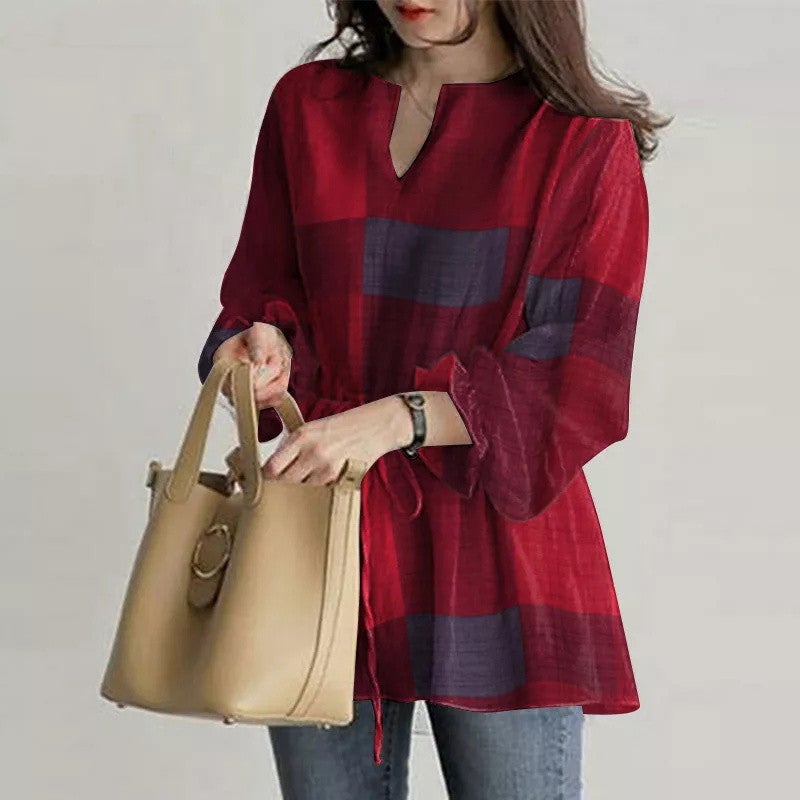 2026 وعبر الحدود النساء الجرس الأكمام Plaid أول مكتب فضفاضة التركيب قميص أعلى - Image 4