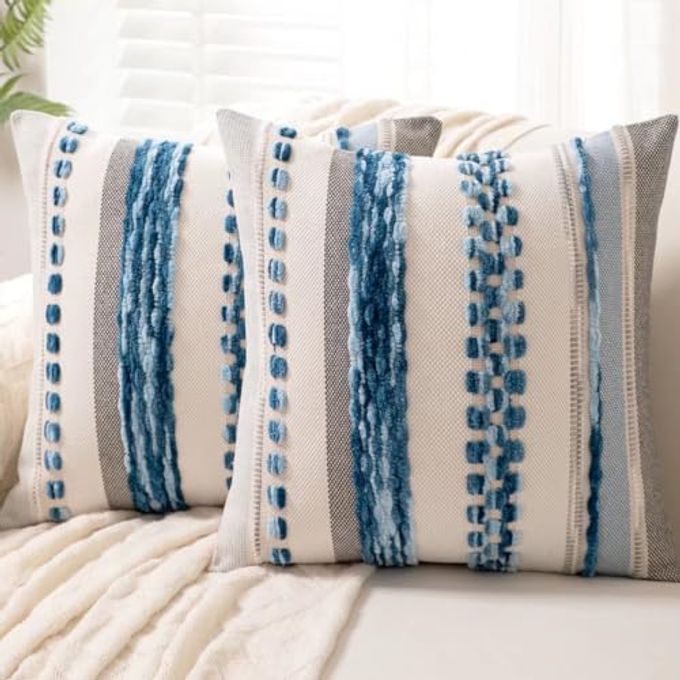 BOHO THROW PILLOW COVERS 18X18 SET OF 2 FARMHOUSE DECORATIVE CUSHION CASE STRIPED SQUARE PILLOWS COVER CHENILLE PILLOW CASES ACCENT NEUTRAL PILLOWCASE FOR SOFA COUCH BEDSKY BLUE
