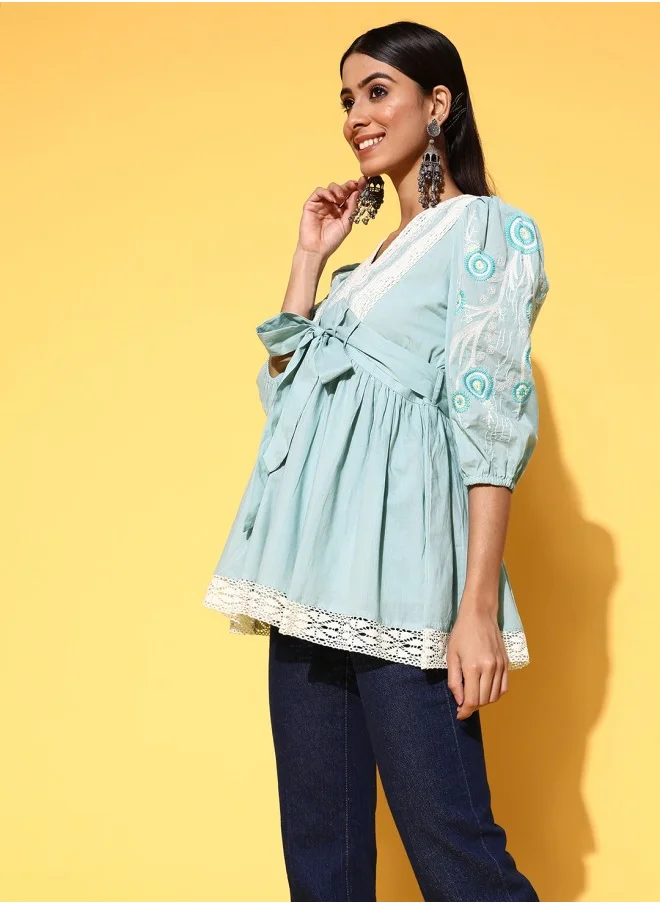 آي شين Aline Fit Self Design Pattern V-Neck Neck Three-Quarter Sleeves Blue Colour Woven Cotton Tops for Women with Semi Elastic Closure - Crafted for Elegance and Ease