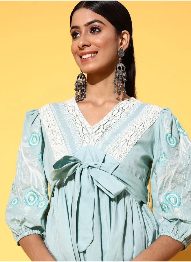 آي شين Aline Fit Self Design Pattern V-Neck Neck Three-Quarter Sleeves Blue Colour Woven Cotton Tops for Women with Semi Elastic Closure - Crafted for Elegance and Ease