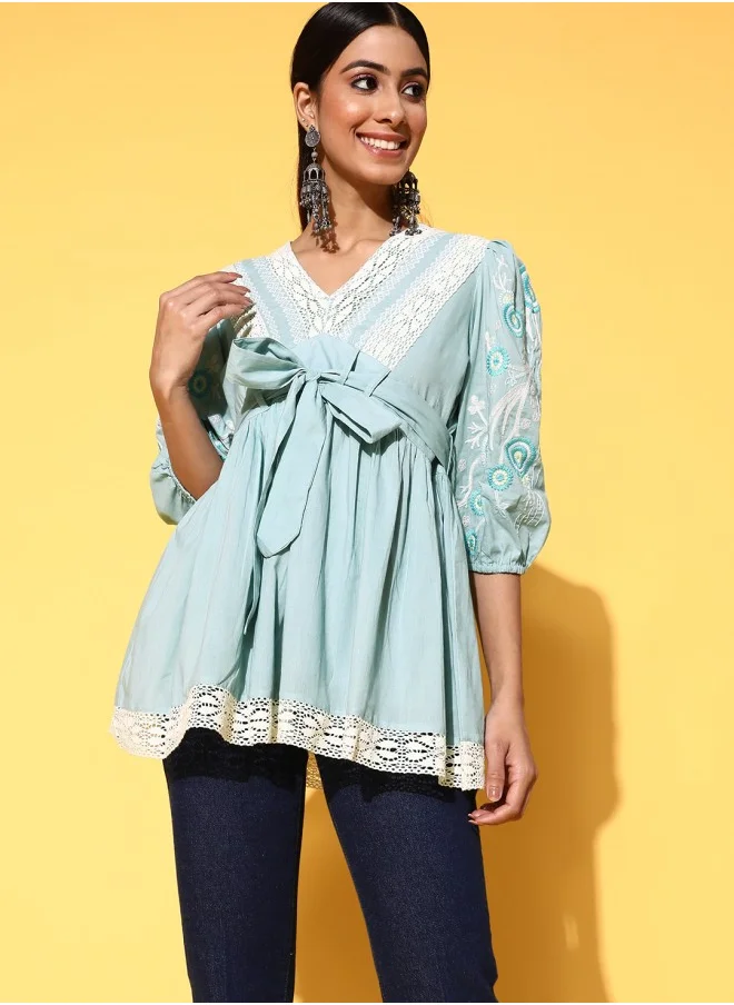 ISHIN Aline Fit Self Design Pattern V-Neck Neck Three-Quarter Sleeves Blue Colour Woven Cotton Tops for Women with Semi Elastic Closure - Crafted for Elegance and Ease