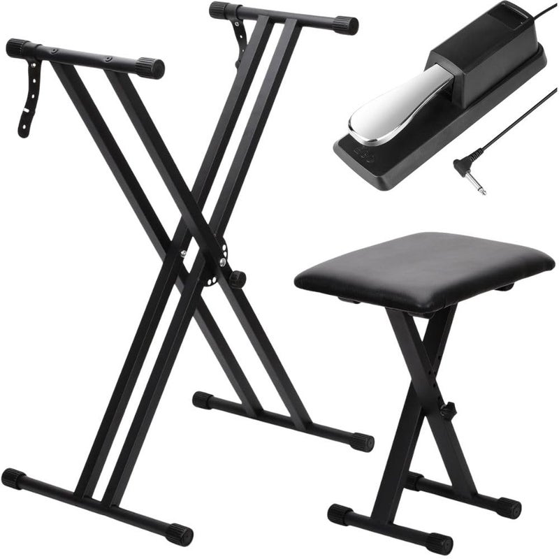 Mocking Bird Keyboard Stand, Sustain Pedal and Piano Bench,7 Adjustable Heights Double-X Keyboard Stand, Portable Keyboard Piano Stand with Locking Straps Fits for 54-88 Key Digital,Electric Pianos - Image 1