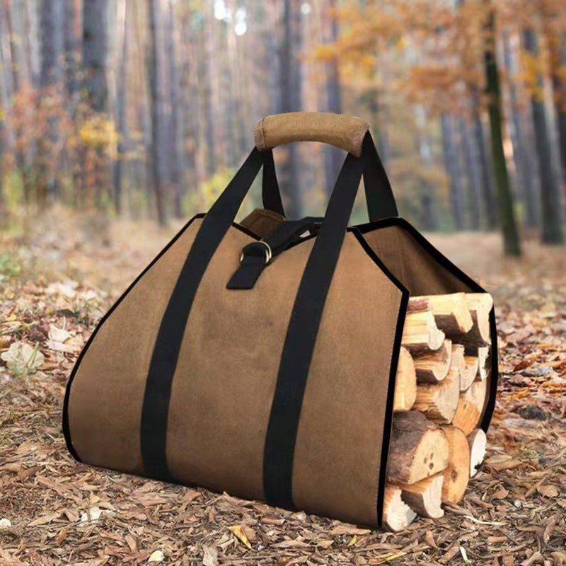 Fireplace Carrier 39.8" X 18.5" Brown Premium Waxed Canvas No-End Walls Design - Adjustable Central Strap Padded Handles Large Wood Carrying Bag for Outdoor Indoor Firewood Transport - Image 5