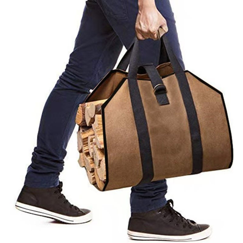 Fireplace Carrier 39.8" X 18.5" Brown Premium Waxed Canvas No-End Walls Design - Adjustable Central Strap Padded Handles Large Wood Carrying Bag for Outdoor Indoor Firewood Transport - Image 4
