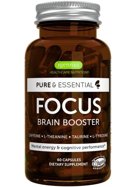 Pure And Essential Focus Comprehensive Nootropic, 200Mg Caffeine, L-Theanine, Taurine, L-Tyrosine, B-Vitamins, Non-Gmo, Brain Booster And Cognitive Performance, Fast Acting & Non Jittery, 60 Capsules