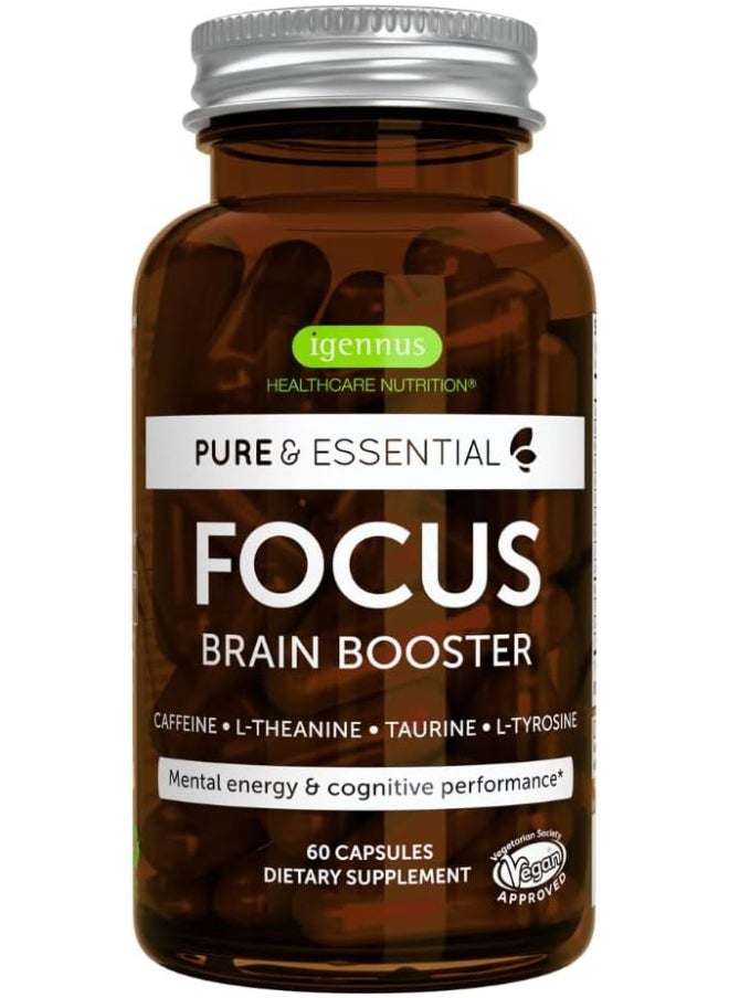 Pure And Essential Focus Comprehensive Nootropic, 200Mg Caffeine, L-Theanine, Taurine, L-Tyrosine, B-Vitamins, Non-Gmo, Brain Booster And Cognitive Performance, Fast Acting & Non Jittery, 60 Capsules