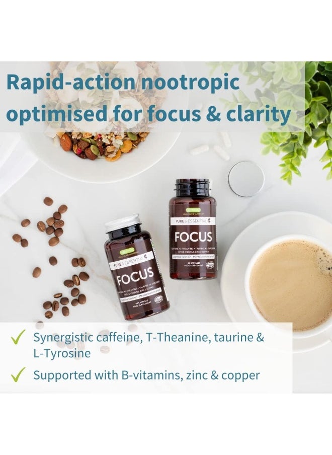 Pure And Essential Focus Comprehensive Nootropic, 200Mg Caffeine, L-Theanine, Taurine, L-Tyrosine, B-Vitamins, Non-Gmo, Brain Booster And Cognitive Performance, Fast Acting & Non Jittery, 60 Capsules