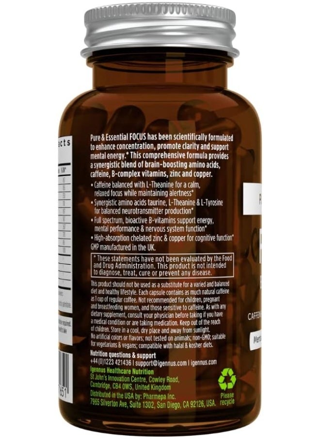 Pure And Essential Focus Comprehensive Nootropic, 200Mg Caffeine, L-Theanine, Taurine, L-Tyrosine, B-Vitamins, Non-Gmo, Brain Booster And Cognitive Performance, Fast Acting & Non Jittery, 60 Capsules
