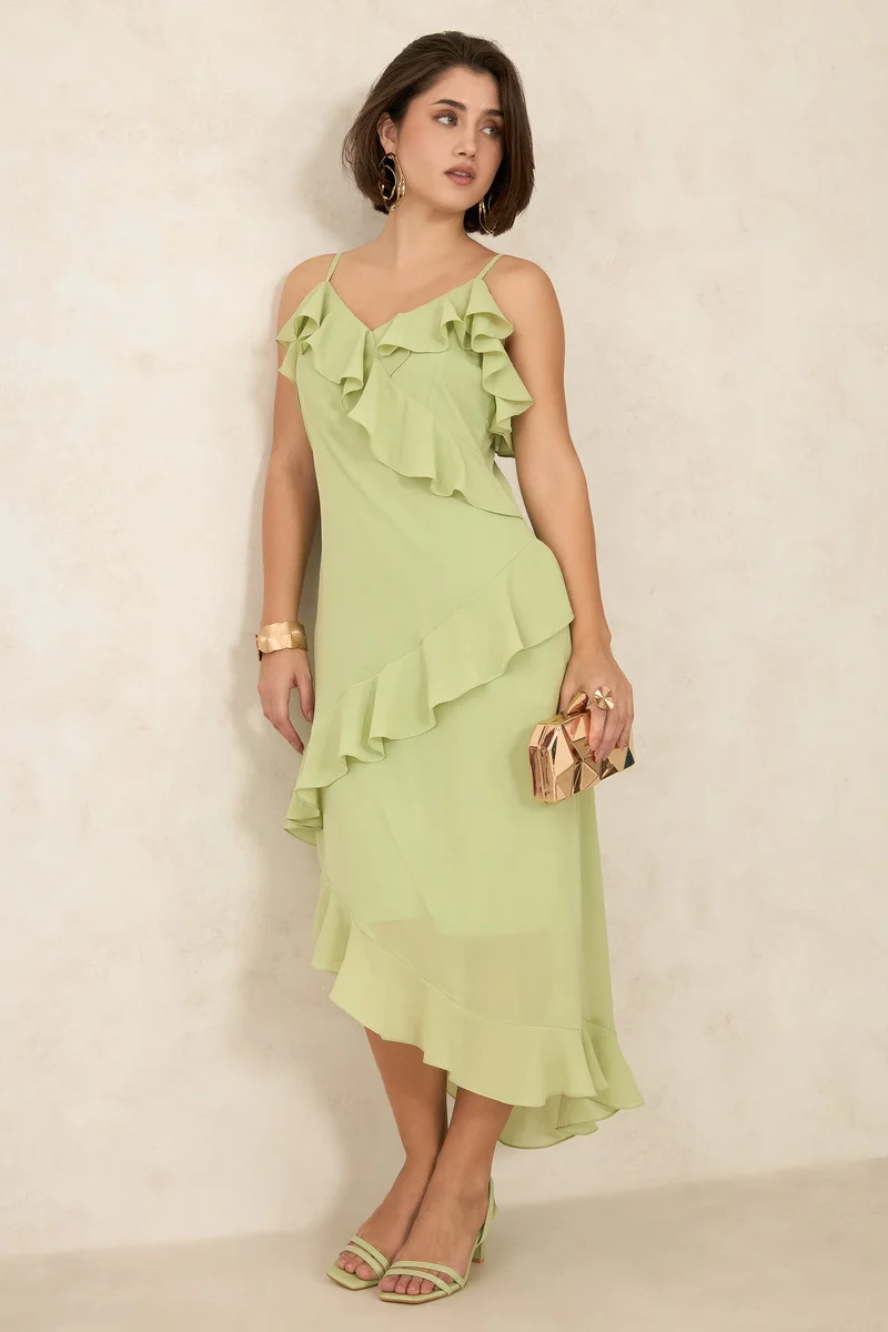 فيرجيو Georgette Ruffle Brunchwear Detailed Midi Dresses for Women