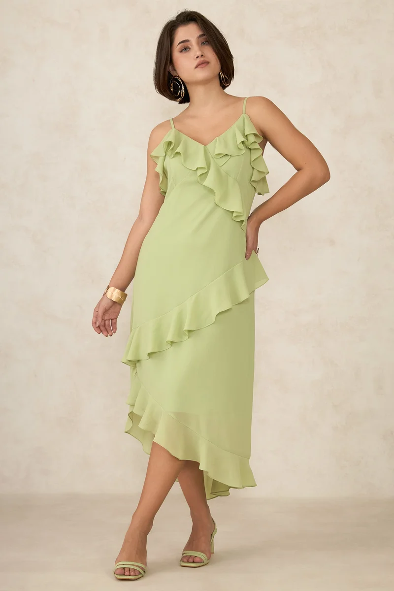 فيرجيو Georgette Ruffle Brunchwear Detailed Midi Dresses for Women