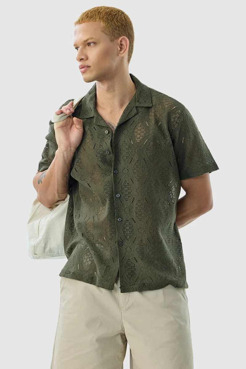 سنيتش Dark Green Textured Half Sleeve Boxy Shirt