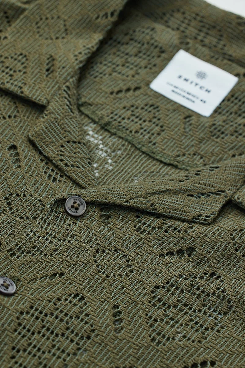 سنيتش Dark Green Textured Half Sleeve Boxy Shirt
