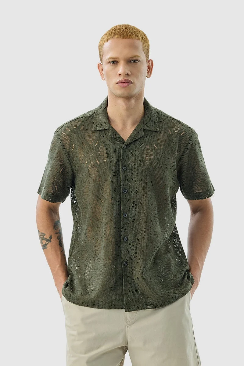 SNITCH Dark Green Textured Half Sleeve Boxy Shirt