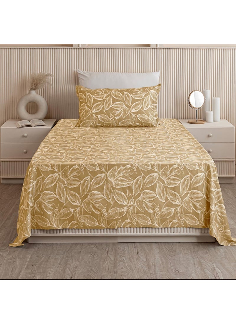 HOMEMONDE HOMEMONDE Premium 210 TC Cotton Bedsheet Single 60 x 90 Inches Leaf Printed Soft Flat Sheet with Single Pillow Cover 18 x 28 Inch Golden  - Image 1