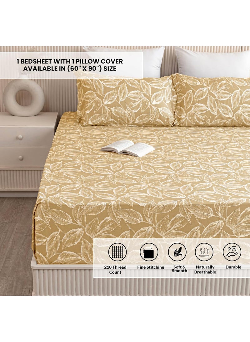HOMEMONDE HOMEMONDE Premium 210 TC Cotton Bedsheet Single 60 x 90 Inches Leaf Printed Soft Flat Sheet with Single Pillow Cover 18 x 28 Inch Golden  - Image 2