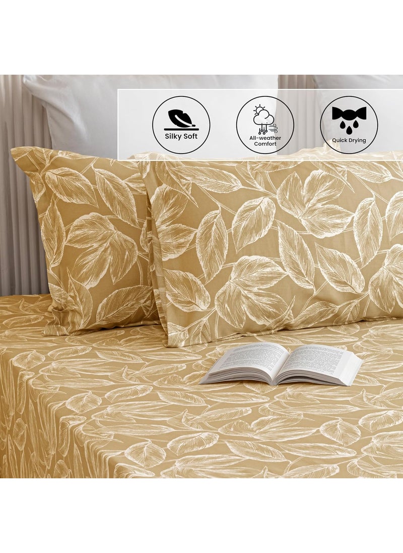 HOMEMONDE HOMEMONDE Premium 210 TC Cotton Bedsheet Single 60 x 90 Inches Leaf Printed Soft Flat Sheet with Single Pillow Cover 18 x 28 Inch Golden  - Image 4