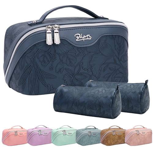 BOYATU Travel Makeup Bags Cosmetic Organizer Bag: 3-Set Large Capacity Make up Bag - PU Leather Toiletry Bags for Women - Wide Open Portable Pouch with Divider & Handle (02-Dark Blue) - Image 1