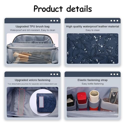 BOYATU Travel Makeup Bags Cosmetic Organizer Bag: 3-Set Large Capacity Make up Bag - PU Leather Toiletry Bags for Women - Wide Open Portable Pouch with Divider & Handle (02-Dark Blue) - Image 3