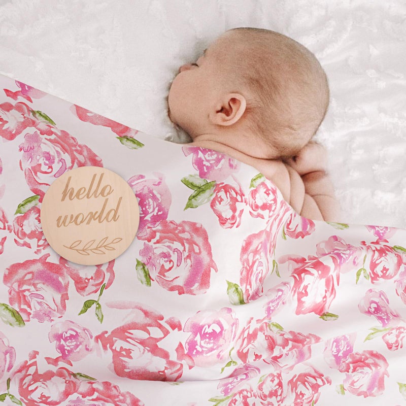 DRESHOW BQUBO Baby Girl Newborn Floral Receiving Blankets with Bow Hat Headband Wooden Birth Announcement Card Set Newborn Baby Swaddling Hats Sleepsack Toddler Warm Shower Gift - Image 3
