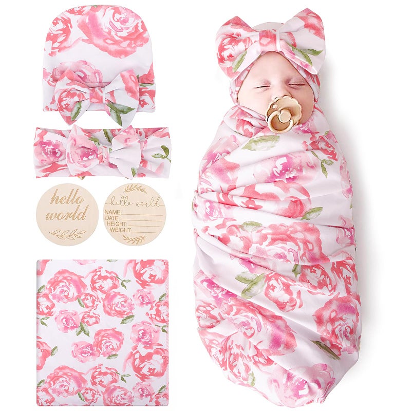 DRESHOW BQUBO Baby Girl Newborn Floral Receiving Blankets with Bow Hat Headband Wooden Birth Announcement Card Set Newborn Baby Swaddling Hats Sleepsack Toddler Warm Shower Gift - Image 1