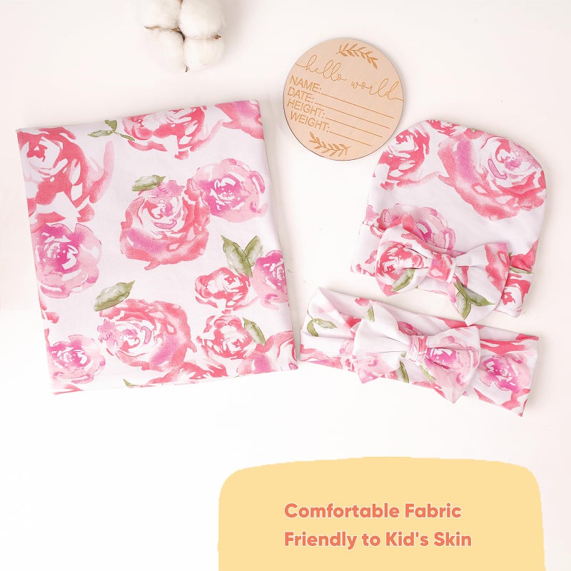 DRESHOW BQUBO Baby Girl Newborn Floral Receiving Blankets with Bow Hat Headband Wooden Birth Announcement Card Set Newborn Baby Swaddling Hats Sleepsack Toddler Warm Shower Gift - Image 4
