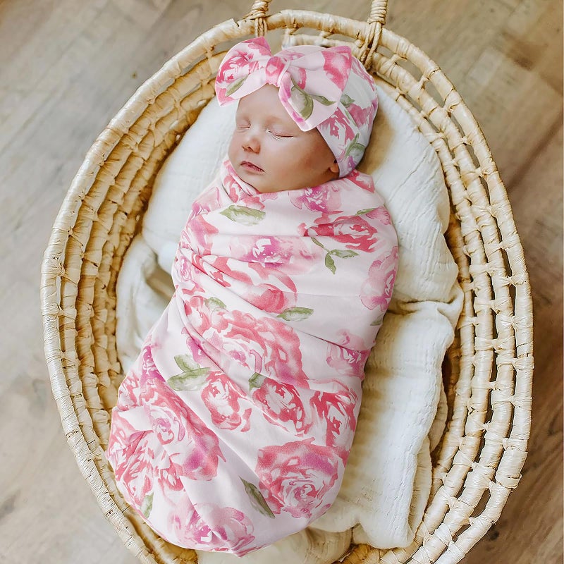 DRESHOW BQUBO Baby Girl Newborn Floral Receiving Blankets with Bow Hat Headband Wooden Birth Announcement Card Set Newborn Baby Swaddling Hats Sleepsack Toddler Warm Shower Gift - Image 2