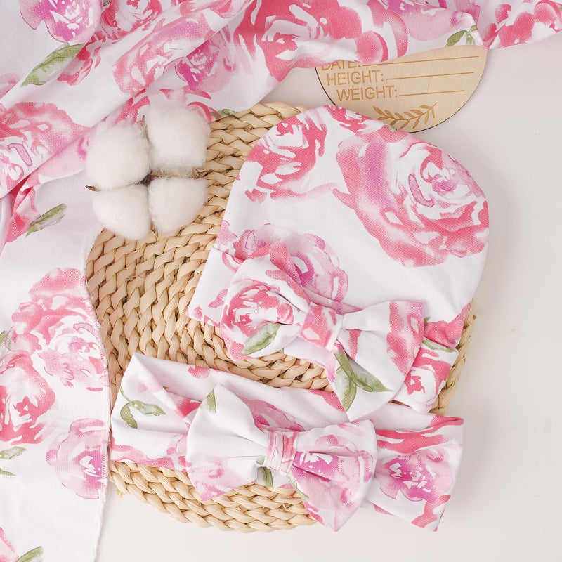 DRESHOW BQUBO Baby Girl Newborn Floral Receiving Blankets with Bow Hat Headband Wooden Birth Announcement Card Set Newborn Baby Swaddling Hats Sleepsack Toddler Warm Shower Gift - Image 5