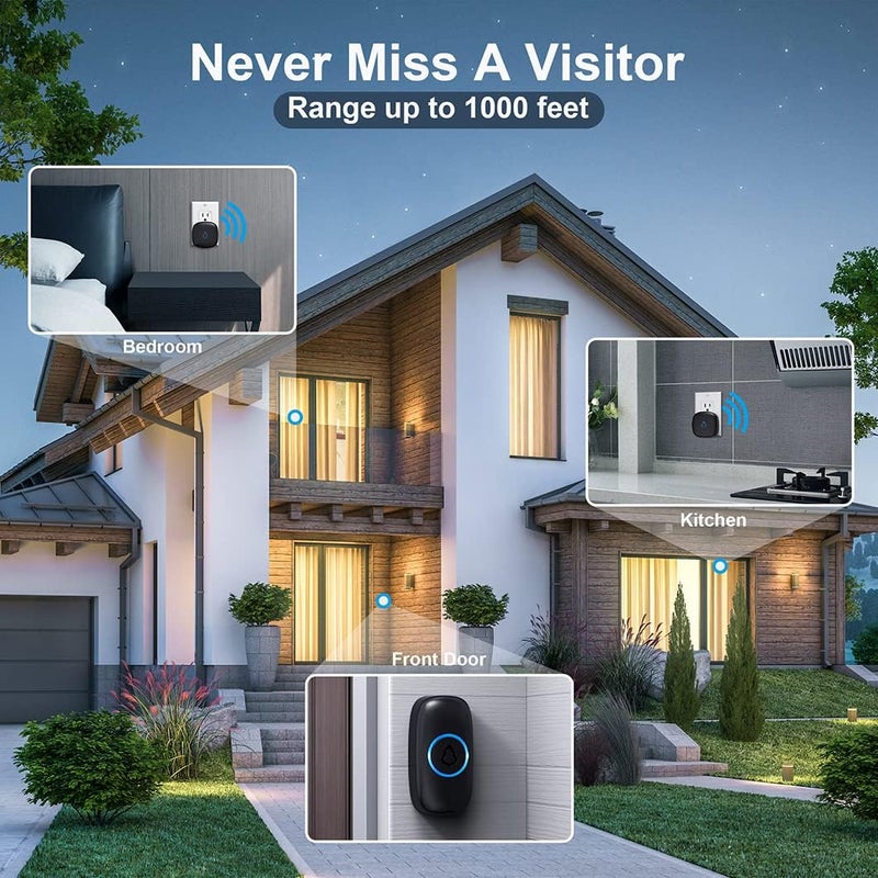 SECRUI Wireless Doorbell with 2 Receivers 2 Push Buttons, Easy installation, Adjustable Volume, 58 Chimes, Colorful LED, 1000Ft Range, M520+F55, Black - Image 5