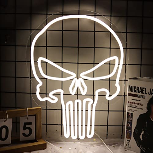 JFLLamp Skull Punisher Neon Signs for Wall Decor Punisher Logo Neon Lights for Bedroom Led Signs Suitable for Man Cave Living Room Bar Cafe Unique Gift for Lover, 5V USB Power 16.5 * 13 Inch(White) - Image 1