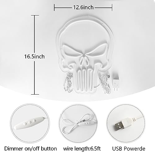 JFLLamp Skull Punisher Neon Signs for Wall Decor Punisher Logo Neon Lights for Bedroom Led Signs Suitable for Man Cave Living Room Bar Cafe Unique Gift for Lover, 5V USB Power 16.5 * 13 Inch(White) - Image 3