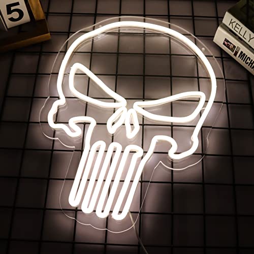 JFLLamp Skull Punisher Neon Signs for Wall Decor Punisher Logo Neon Lights for Bedroom Led Signs Suitable for Man Cave Living Room Bar Cafe Unique Gift for Lover, 5V USB Power 16.5 * 13 Inch(White) - Image 2