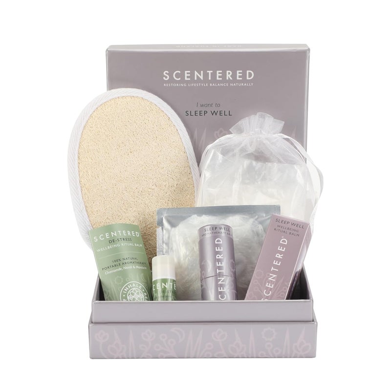 Scentered Scentered Prepare for a Great Nights Sleep Bath Set  Bath Salts Aromatherapy Balms Body Loofah Hair Tie  Shower Cap  Relaxing Bath Set for Restful Sleep  Bath Gift Set for Women 