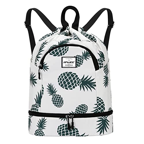 HAWEE Dry Wet Drawstring Backpack with Shoe Compartment for Women and Men Waterproof Yoga String Bag Outdoor Sports Rucksack for Gym/Beach/Swim Pool, Pineapple Green - Image 1