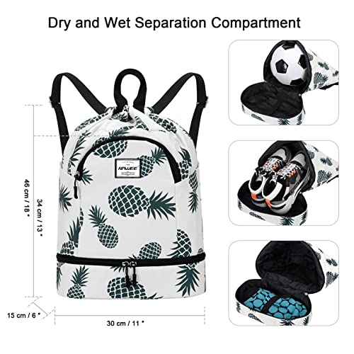 HAWEE Dry Wet Drawstring Backpack with Shoe Compartment for Women and Men Waterproof Yoga String Bag Outdoor Sports Rucksack for Gym/Beach/Swim Pool, Pineapple Green - Image 2