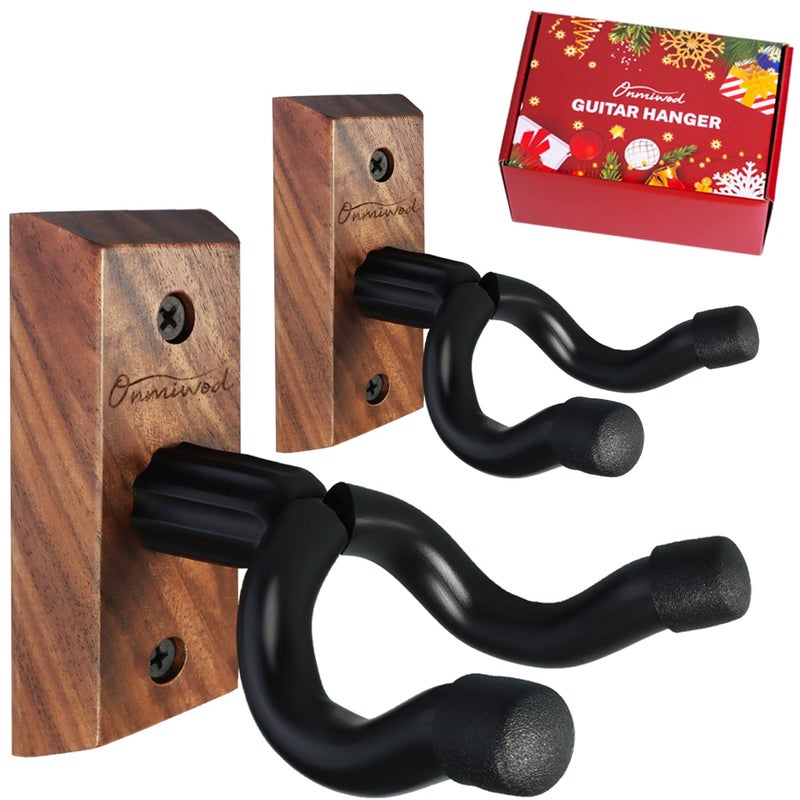 Onmiwod Guitar Wall Mount 2 Pack, Black Walnut Wood Guitar Hanger, U-Shaped Guitar Wall Hanger Mount, Guitar Holder Hook Stand Wall for Acoustic, Electric Guitar, Banjo, Bass, for Guitar Player Men Boy - Image 1