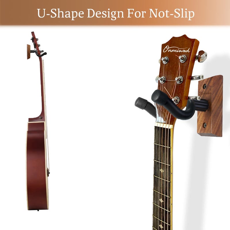 Onmiwod Guitar Wall Mount 2 Pack, Black Walnut Wood Guitar Hanger, U-Shaped Guitar Wall Hanger Mount, Guitar Holder Hook Stand Wall for Acoustic, Electric Guitar, Banjo, Bass, for Guitar Player Men Boy - Image 3