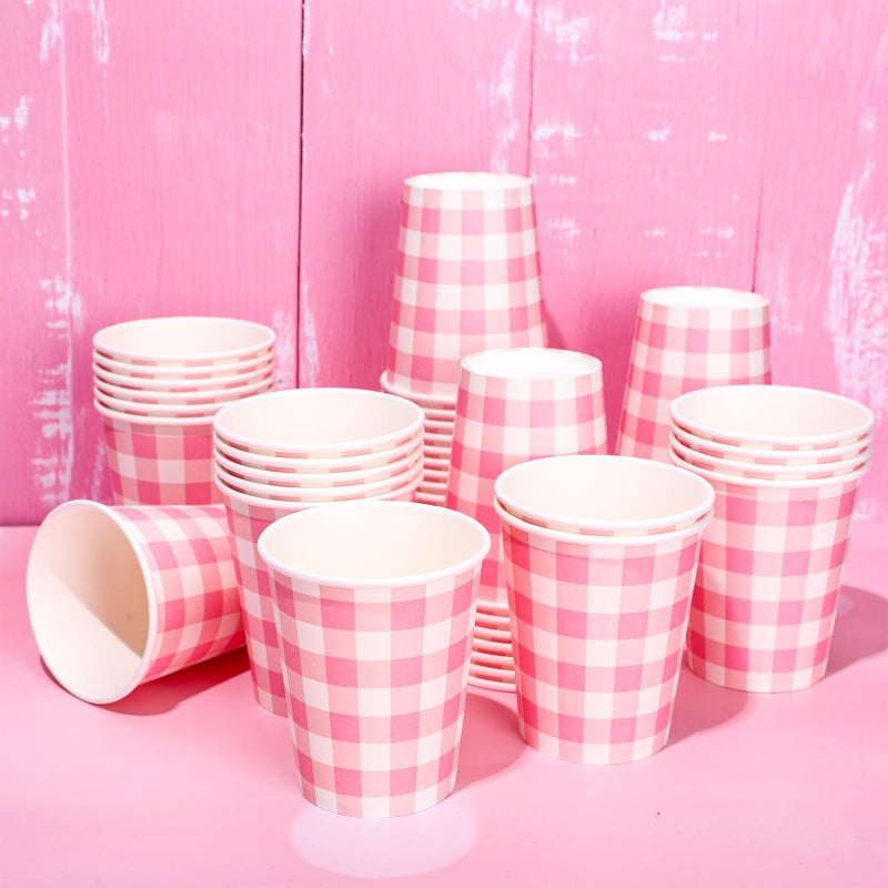 Whaline 50Pcs Buffalo Plaids Paper Cups Light Pink Checkered Disposable Cups Party Decorative Cups for Valentines Day Birthday Cold Hot Drinkware Tableware Decor Supplies  9 Oz - Image 1