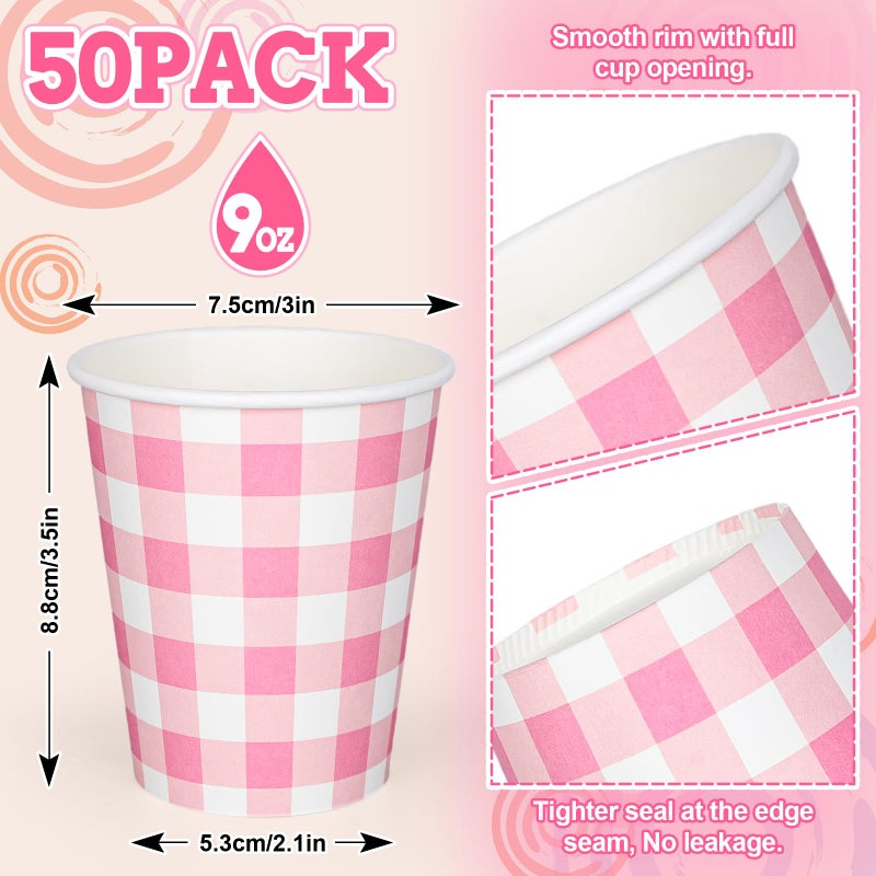 Whaline 50Pcs Buffalo Plaids Paper Cups Light Pink Checkered Disposable Cups Party Decorative Cups for Valentines Day Birthday Cold Hot Drinkware Tableware Decor Supplies  9 Oz - Image 2