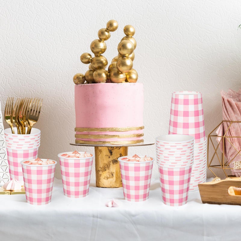 Whaline 50Pcs Buffalo Plaids Paper Cups Light Pink Checkered Disposable Cups Party Decorative Cups for Valentines Day Birthday Cold Hot Drinkware Tableware Decor Supplies  9 Oz - Image 4