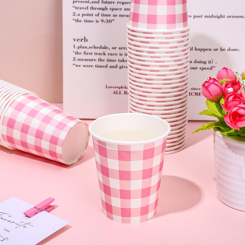 Whaline 50Pcs Buffalo Plaids Paper Cups Light Pink Checkered Disposable Cups Party Decorative Cups for Valentines Day Birthday Cold Hot Drinkware Tableware Decor Supplies  9 Oz - Image 3