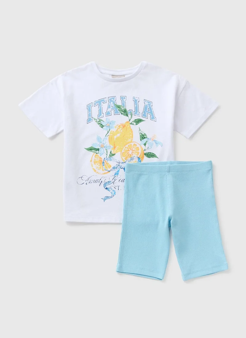 Matalan Girls Blue Lemon T-Shirt & Cycle Short Set