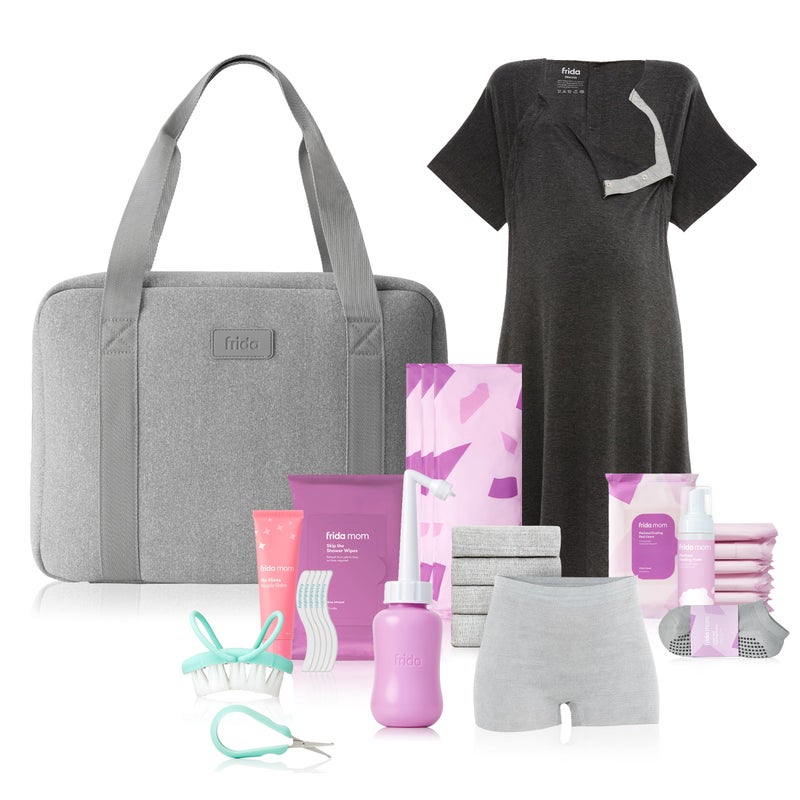 Frida Mom 30pc PrePacked Hospital Diaper Bag Essentials Gift Set Includes Labor Postpartum Newborn Grooming Kit in One Easy to Organize with Removable Toiletry Bags Suitcase Strap