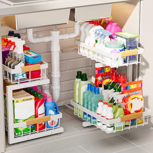 ADBIU 2 Pack Under Sink Organizers and Storage Height Adjustable 2Tier Pull Out Cabinet Organizer Heavy Duty Slide Out Sink Shelf Drawer for Kitchen Bathroom Organization - Image 1