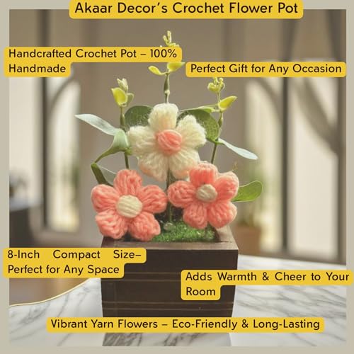 Akaar Decor's Handcrafted Crochet Flower Pot | Artificial Flowers for Home | Birthday | Anniversary | Housewarming Gifts | 100% Handmade Yarn Flower Décor (8 Inch, Wooden Base) (Peach) - Image 4