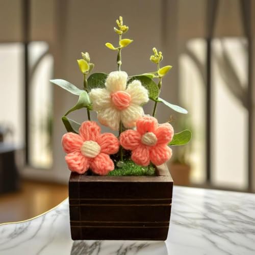 Akaar Decor's Handcrafted Crochet Flower Pot | Artificial Flowers for Home | Birthday | Anniversary | Housewarming Gifts | 100% Handmade Yarn Flower Décor (8 Inch, Wooden Base) (Peach) - Image 1