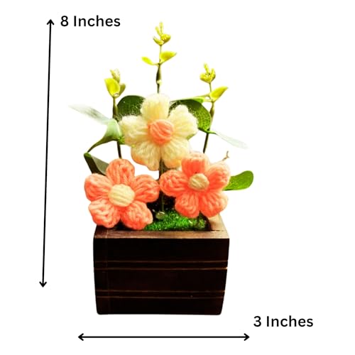 Akaar Decor's Handcrafted Crochet Flower Pot | Artificial Flowers for Home | Birthday | Anniversary | Housewarming Gifts | 100% Handmade Yarn Flower Décor (8 Inch, Wooden Base) (Peach) - Image 2