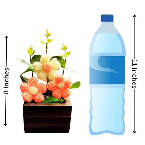 Akaar Decor's Handcrafted Crochet Flower Pot | Artificial Flowers for Home | Birthday | Anniversary | Housewarming Gifts | 100% Handmade Yarn Flower Décor (8 Inch, Wooden Base) (Peach) - Image 3