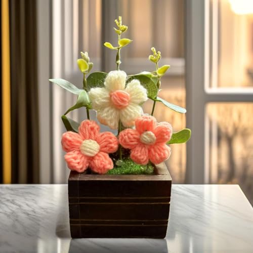 Akaar Decor's Handcrafted Crochet Flower Pot | Artificial Flowers for Home | Birthday | Anniversary | Housewarming Gifts | 100% Handmade Yarn Flower Décor (8 Inch, Wooden Base) (Peach) - Image 5