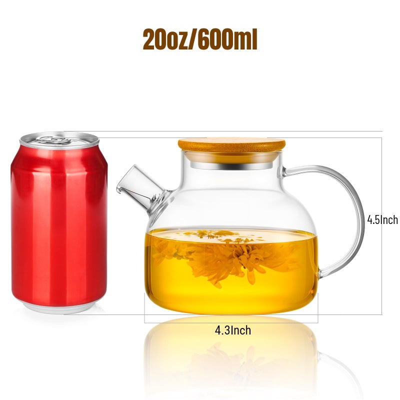 PARACITY Glass Teapot Stovetop 20 OZ/600ml, Borosilicate Clear Tea Kettle with Bamboo Lid, Glass Tea pot with Removable Filter Spout, Teapot Blooming and Loose Leaf Tea Maker Tea Brewer for Camping - Image 2