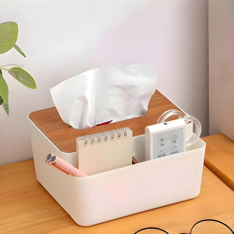 Jinila Square Shape Wooden Cover Plastic Tissue Paper Holder with 2 Compartment Multi-Functional Desk Organizer Remote, Pen & Pencil Stationery Storage Stand (Pack of 1, White) - Image 3